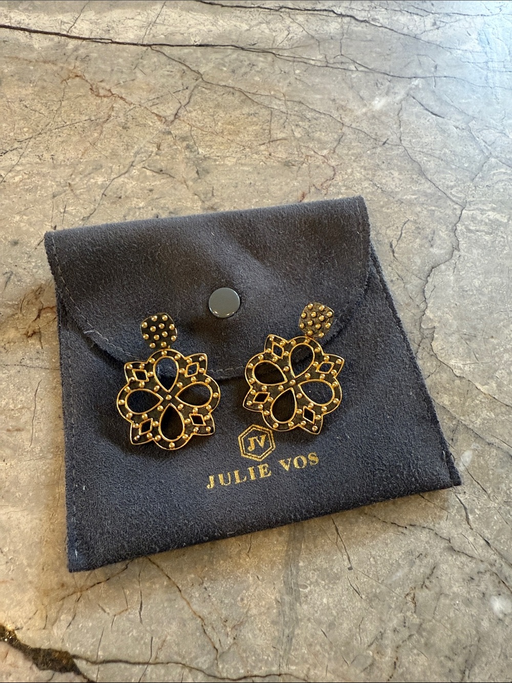 Julie Vos Black and Gold Floral Filigree Drop Earrings
